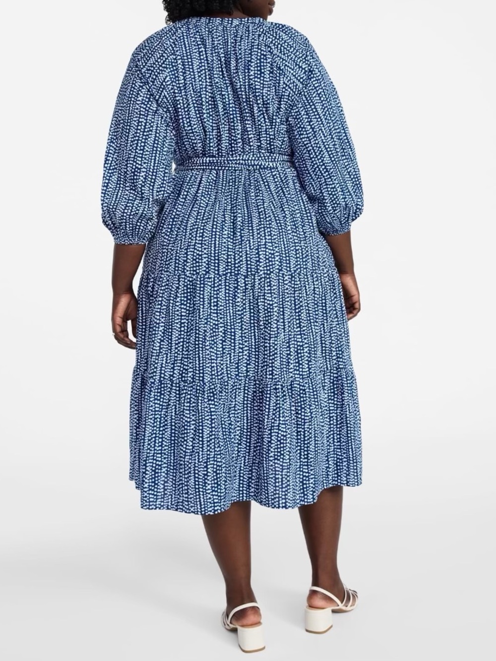 Blue Printed Tie-Waist Midi Peasant Dress - Picture 2 of 4